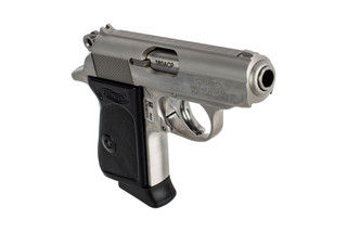 Walther PPK 380 ACP handgun features a stainless steel finish and black grips